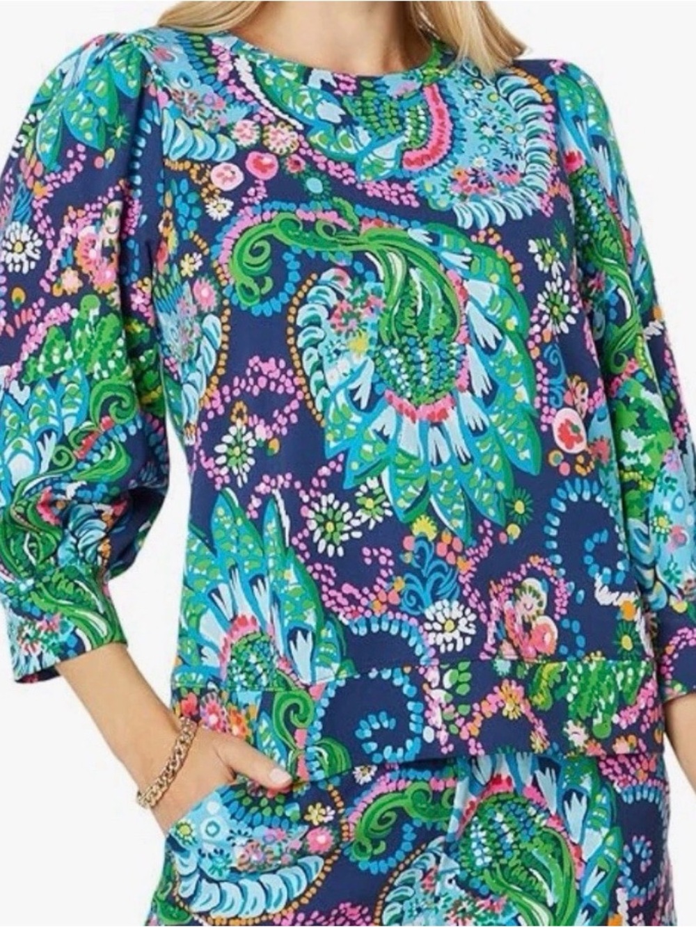 Lilly Pulitzer Take Me to the Sea Navy Floral Paisley Puff-Sleeve Sweatshirt